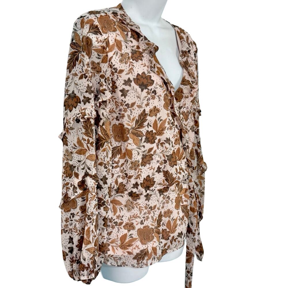 CeCe Cream Tan Fall Floral Leaves Ruffle Long Sleeve Tie Waist Wrap Top size L - Picture 8 of 11